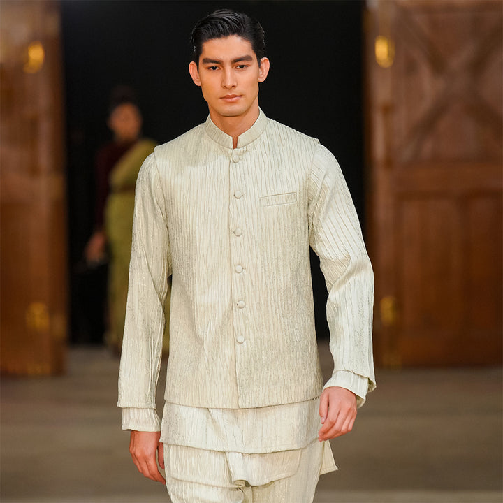 Mint Green Crush Jamawar Three-Piece Suit