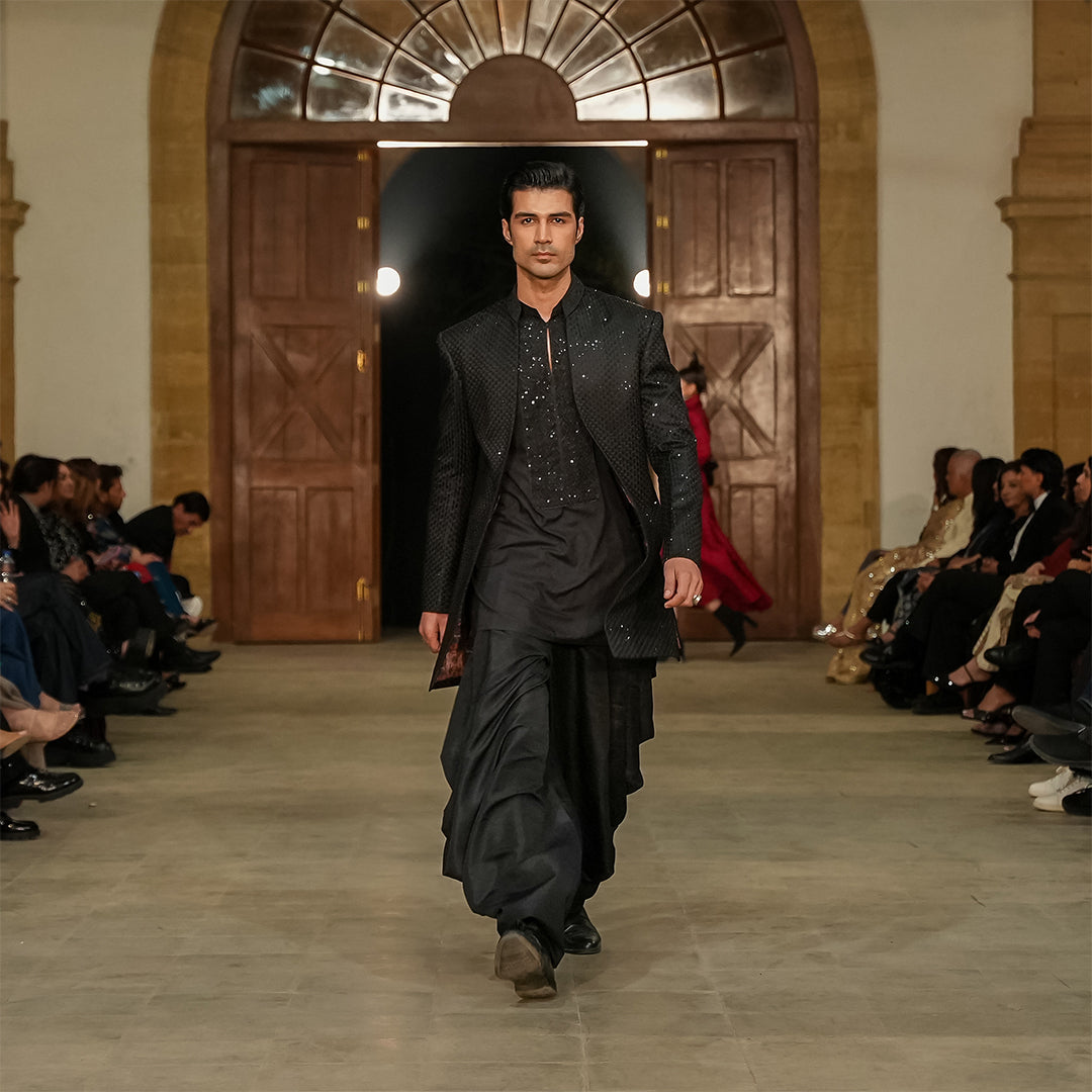 Black satin embroidered open-front sherwani with shirt kurta