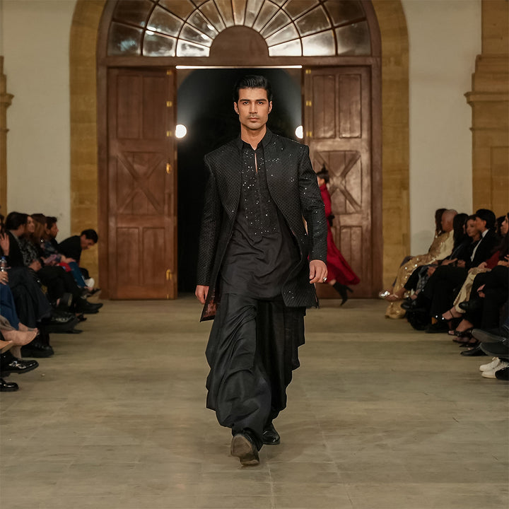 Black satin embroidered open-front sherwani with shirt kurta