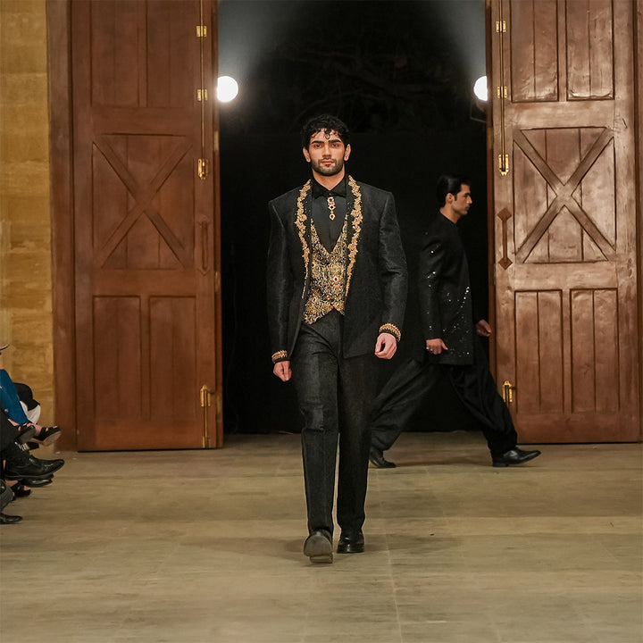 Black zari karandi jamawar coat with hand embroidery on lapel and sleeves
