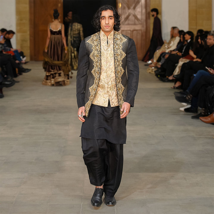 Black jamawar embroidered long waistcoat