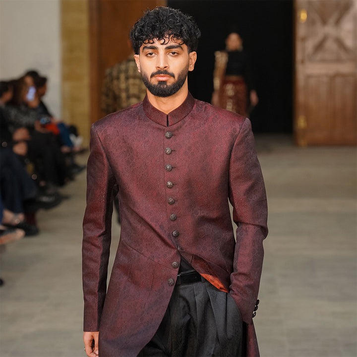 Maroon jamawar long coat with intricate matrics pattern,