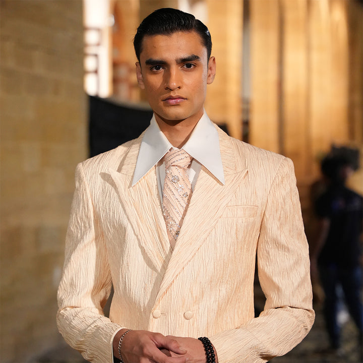 Pink double-breasted crush jamawar jacket with straight pants