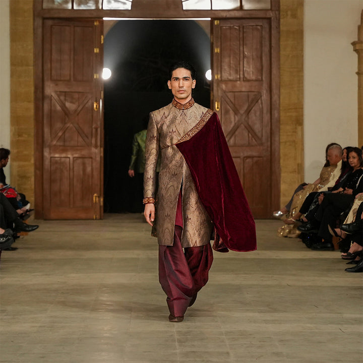 Maroon and gold bio-matric design jamawar sherwani