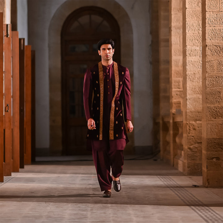 Maroon velvet cape embroidered waistcoat with coat-style sleeves,