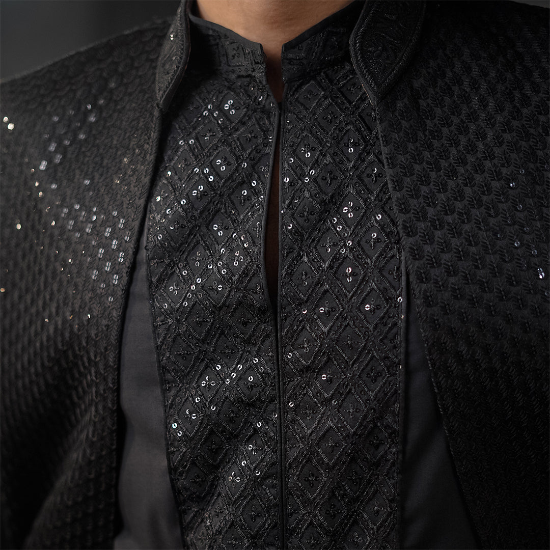 Black satin embroidered open-front sherwani with shirt kurta