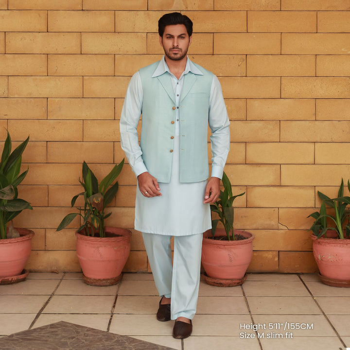 Ice Blue Notch Collar Waistcoat with Kameez Shalwar