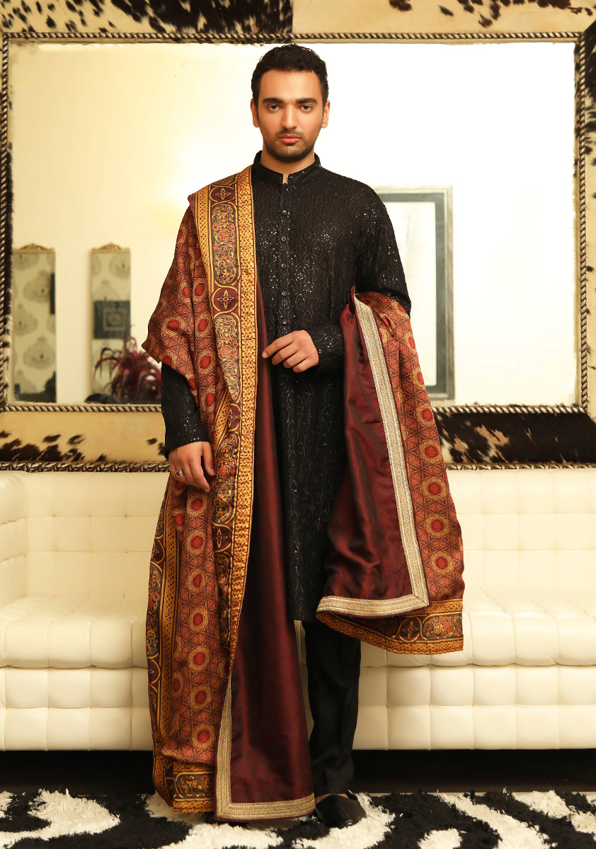 Pakistan Maroon Shawl For Groom Premium Satin Couture Maroon Shawl