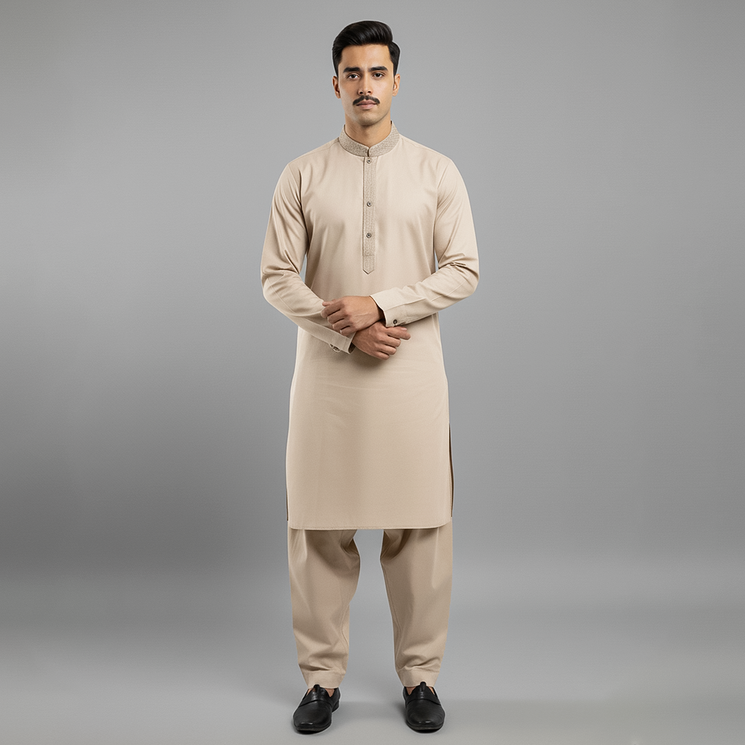 Basic Poly Viscose Beige Slightly Defected Classic Fit Embroidered Suit