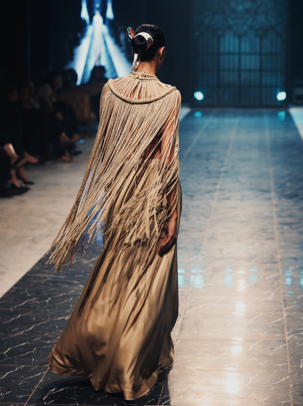 Gold Bikini gold floor length skirt in silk with poncho made with braids by Parishae