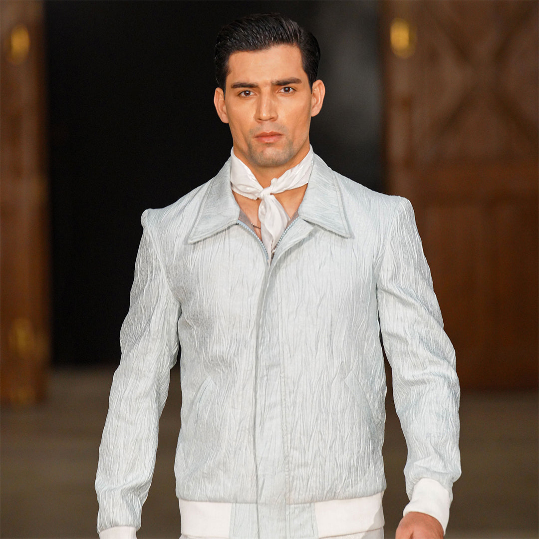 Aqua Blue Crush Jamawar Bomber Jacket