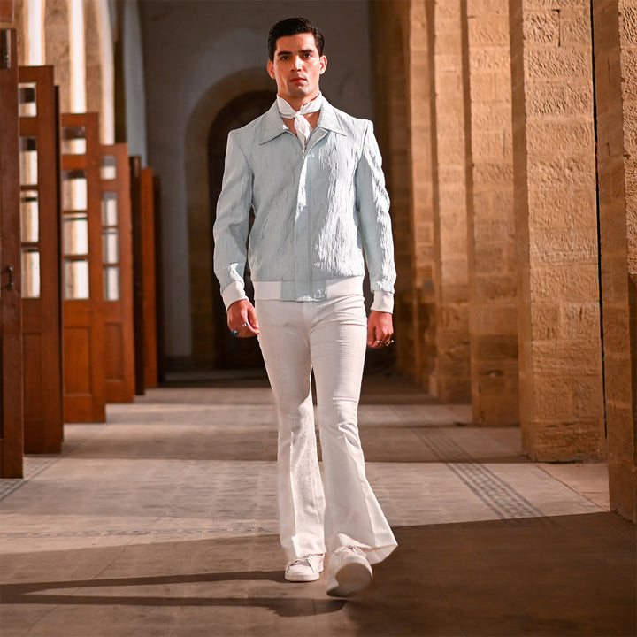 Aqua Blue Crush Jamawar Bomber Jacket