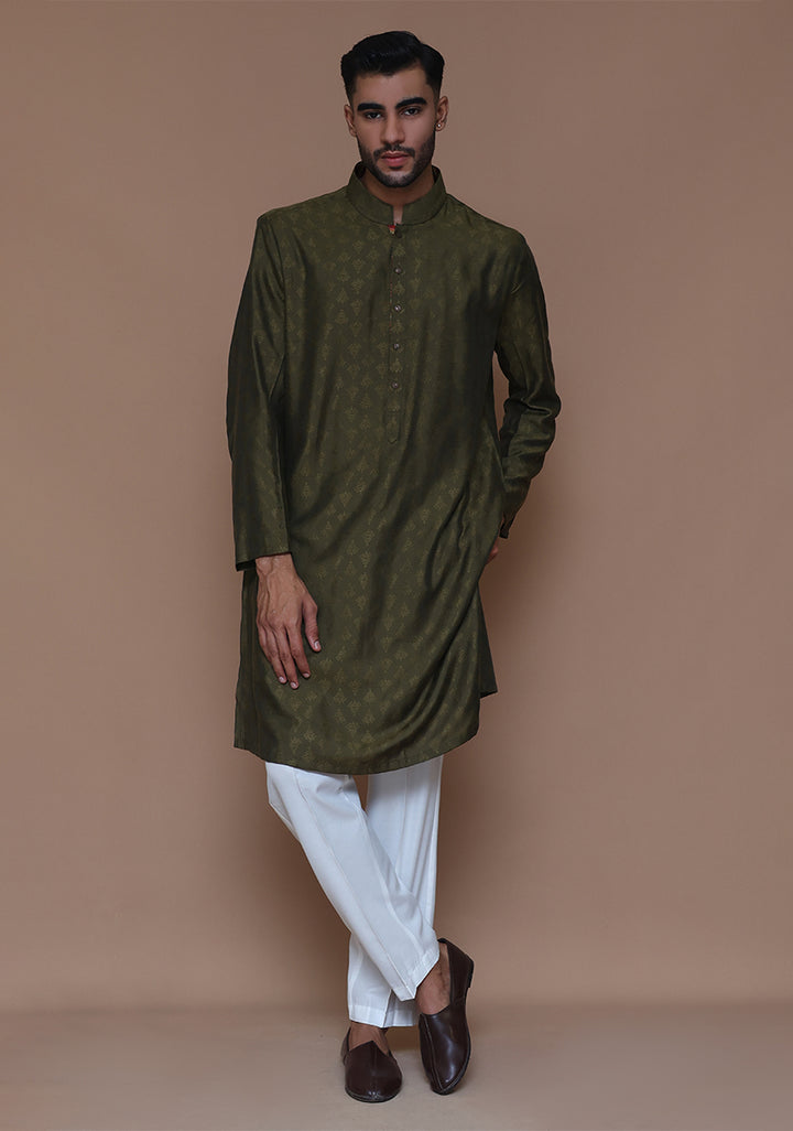 Jamawar Olive Classic Fit Slightly Defected Kurta