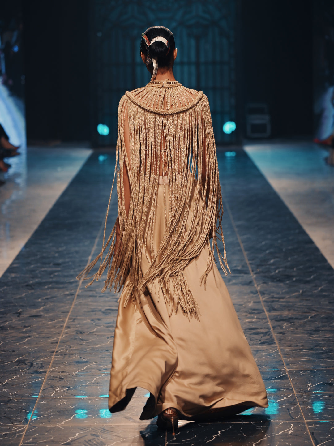 Gold Bikini gold floor length skirt in silk with poncho made with braids by Parishae