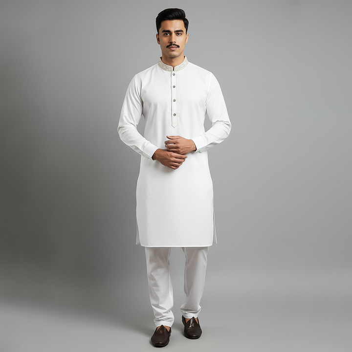 Basic Ayuthia White Slightly Defected Slim Fit Embroidered Suit