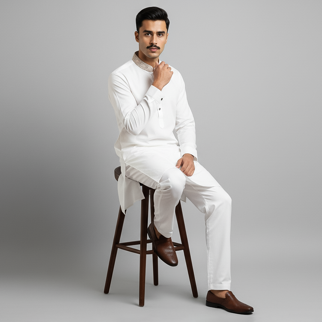 Basic Ayuthia White Slightly Defected Slim Fit Embroidered Suit