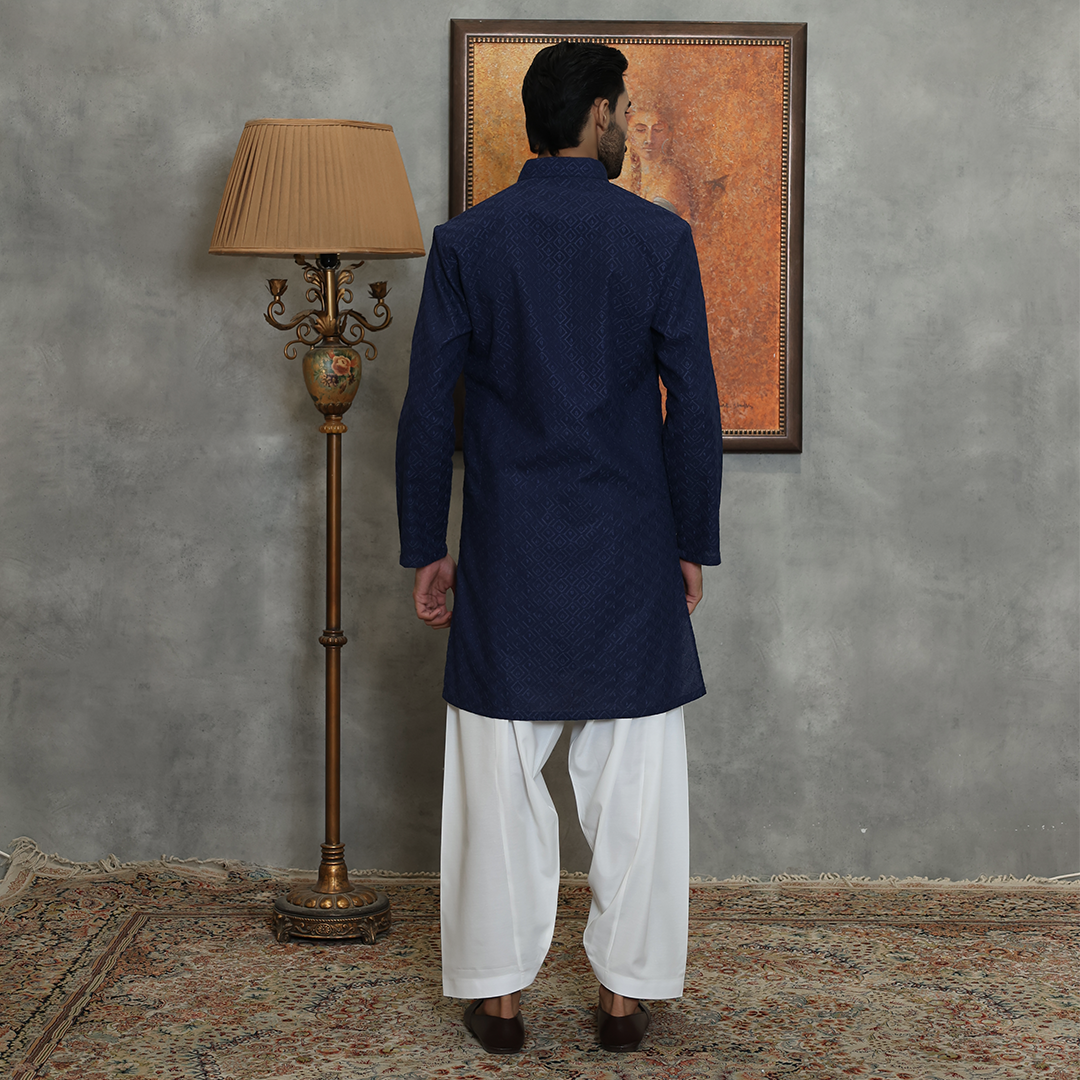 Basic Cotton Navy Blue Slim Fit Kurta