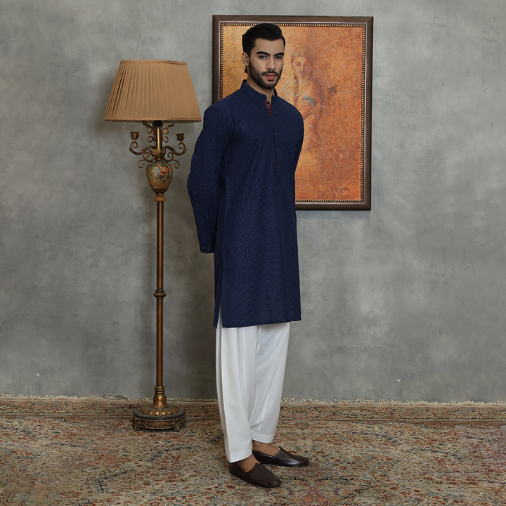 Basic Cotton Navy Blue Slim Fit Kurta