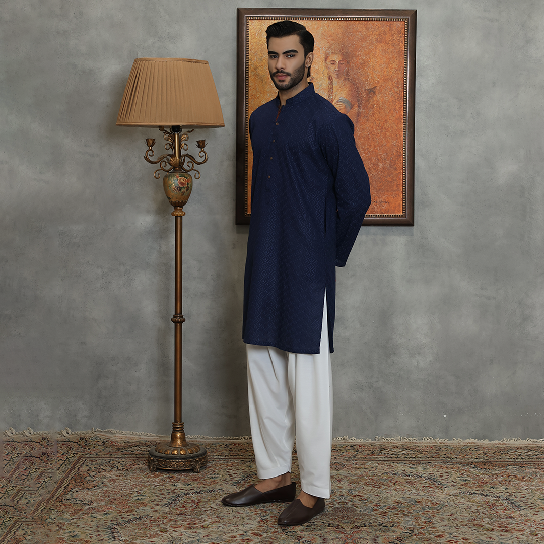 Basic Cotton Navy Blue Slim Fit Kurta
