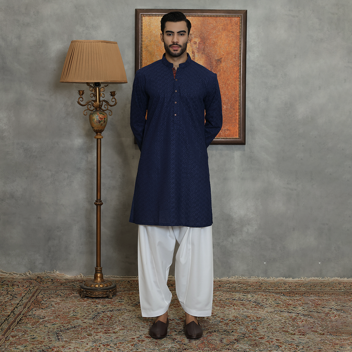 Basic Cotton Navy Blue Slim Fit Kurta
