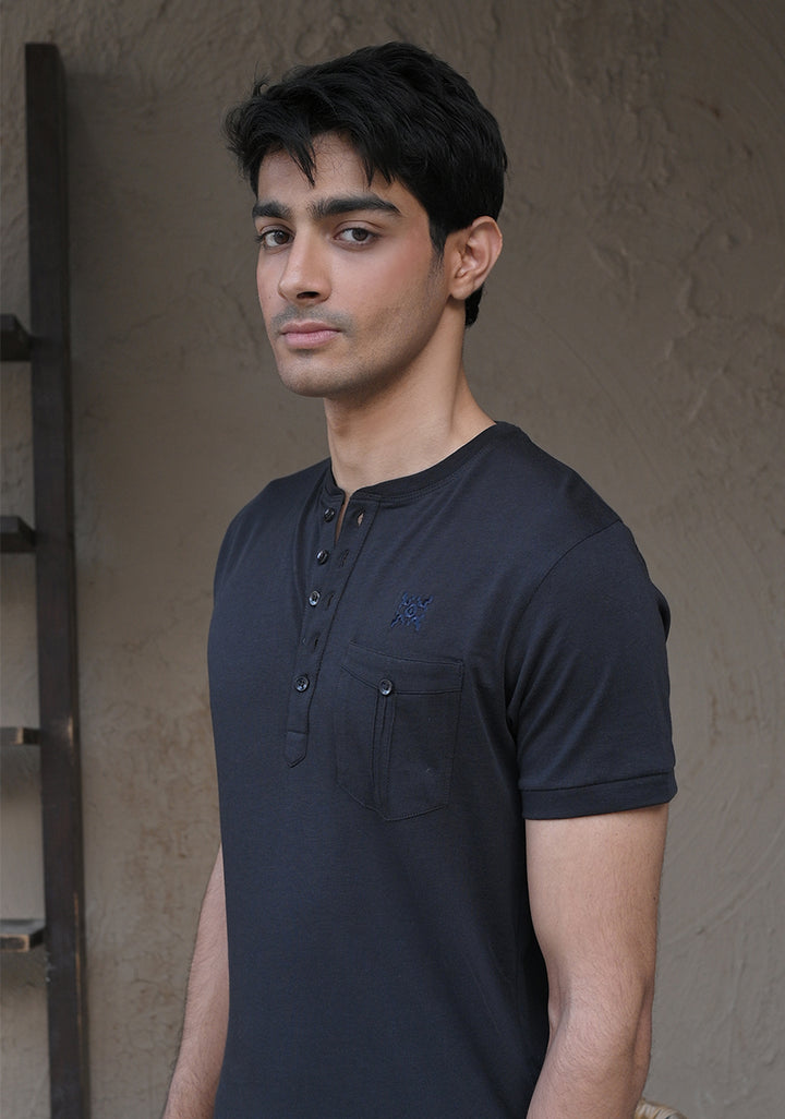 Henley Pocket Black T-Shirt
