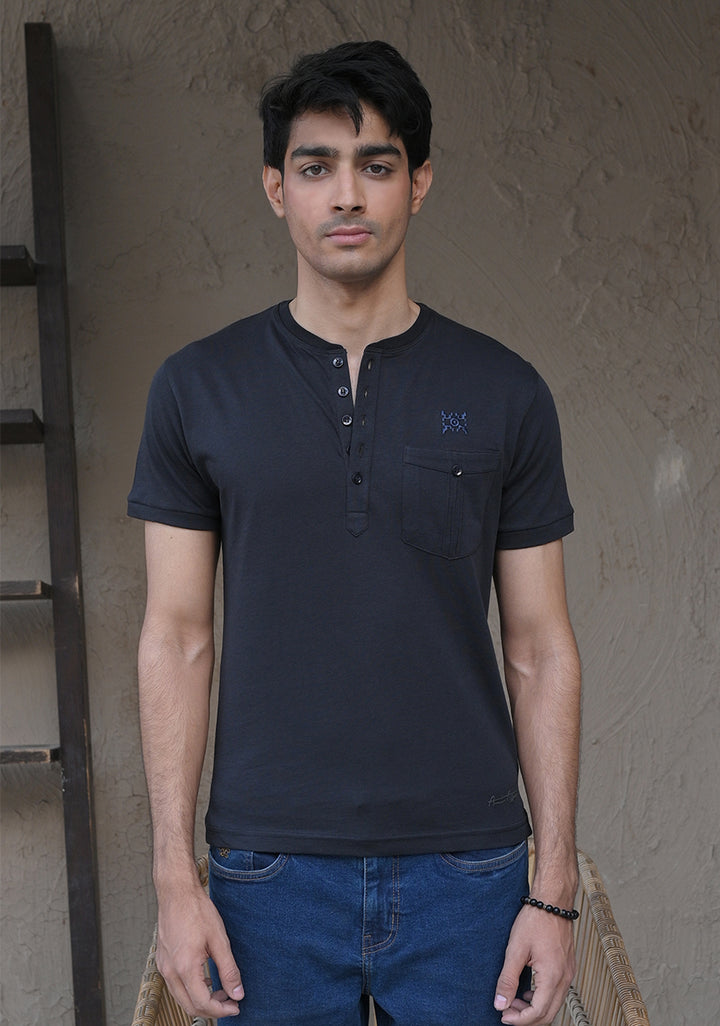 Henley Pocket Black T-Shirt