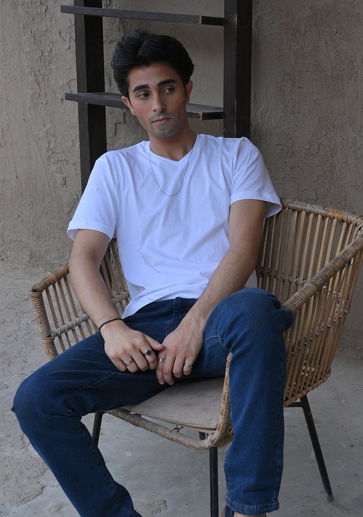 Jersey V Neck White T-Shirt