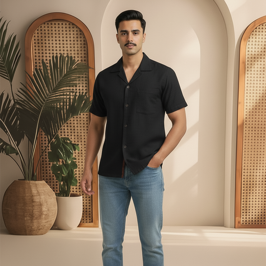 Basic Linen Black Cuban Plain Shirt