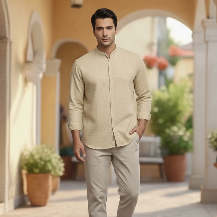 Basic Linen Khaki Slightly Defected Plain Shirt