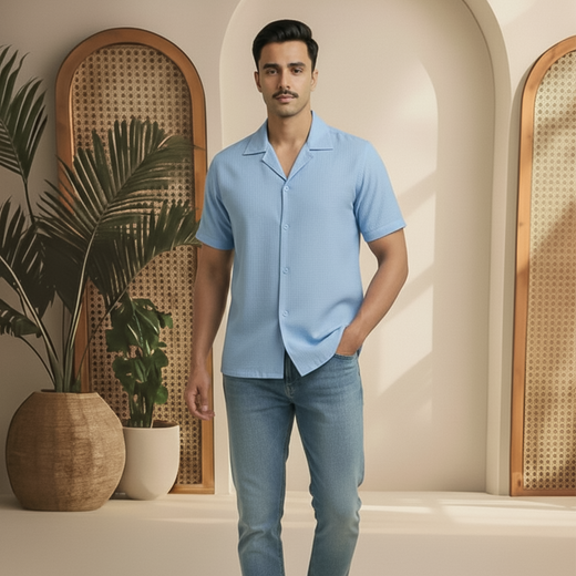 Basic Linen Light Blue Cuban Plain Shirt