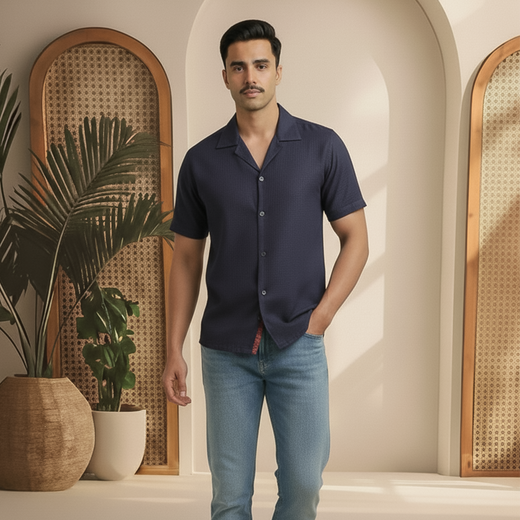Basic Linen Navy Blue Cuban Plain Shirt