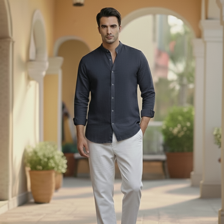 Basic Linen Navy Blue Plain Shirt