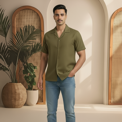 Basic Linen Olive Cuban Plain Shirt