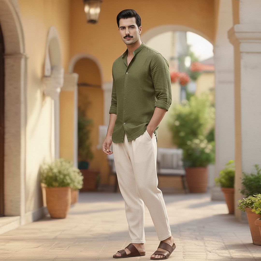 Basic Linen Olive Slightly Defected Plain Shirt