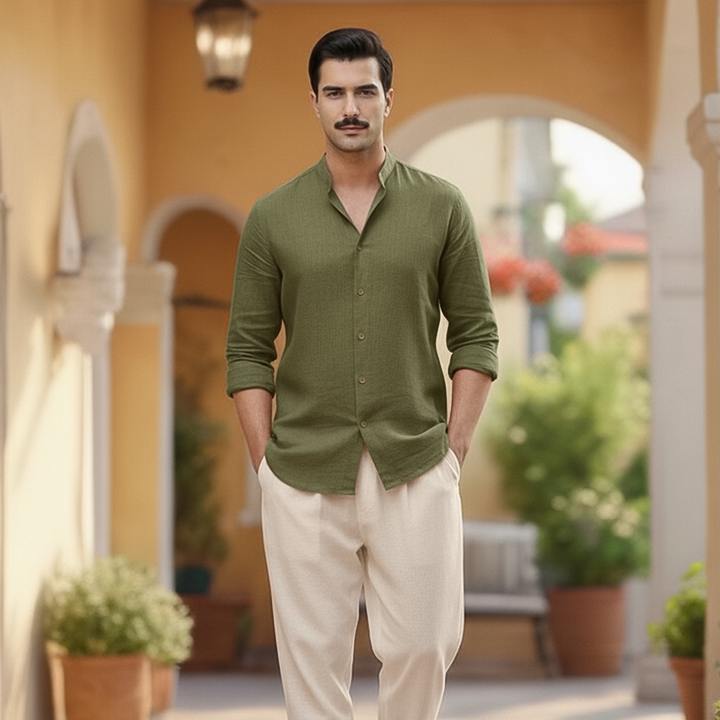 Basic Linen Olive Slightly Defected Plain Shirt