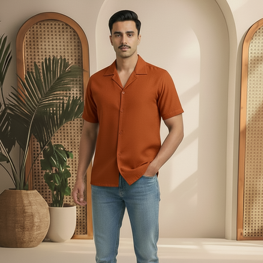 Basic Linen Rust Cuban Plain Shirt