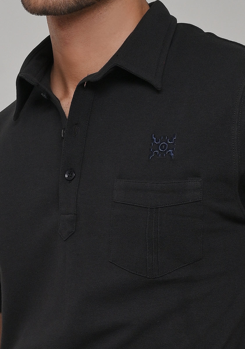 Piquet Black Self Collar Polo T-Shirt