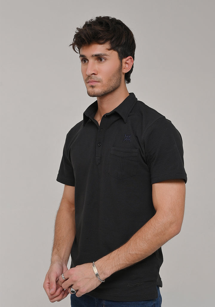 Piquet Black Self Collar Polo T-Shirt