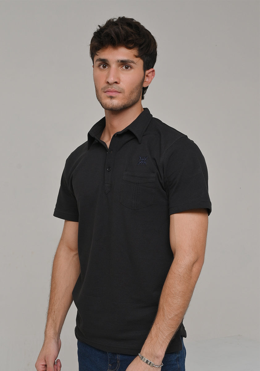 Piquet Black Self Collar Polo T-Shirt