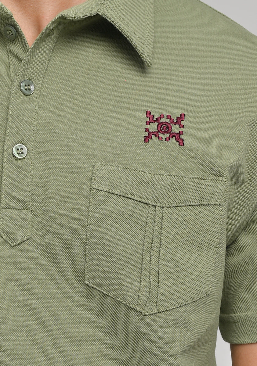 Piquet Cuban Green Self Collar Polo T-Shirt