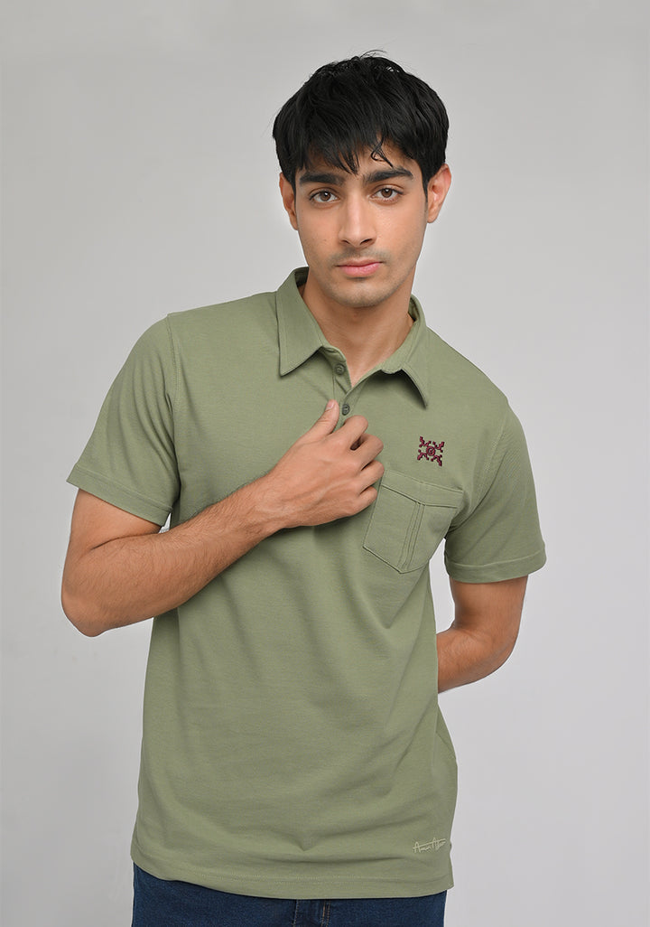 Piquet Cuban Green Self Collar Polo T-Shirt