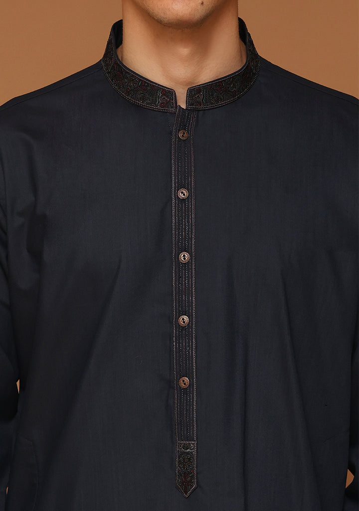 Poly Viscose Maluki Dark Sapphire Slim Fit Embroidered Suit