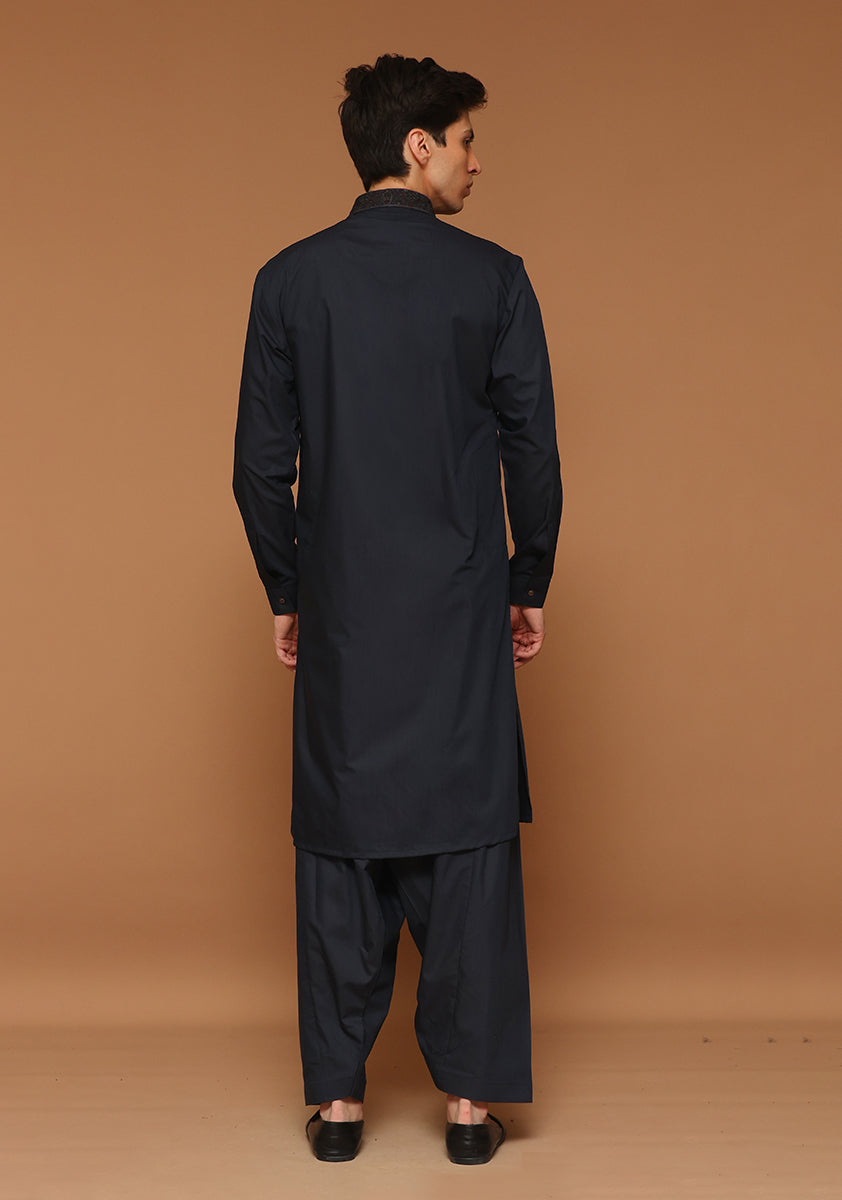 Poly Viscose Maluki Dark Sapphire Slim Fit Embroidered Suit