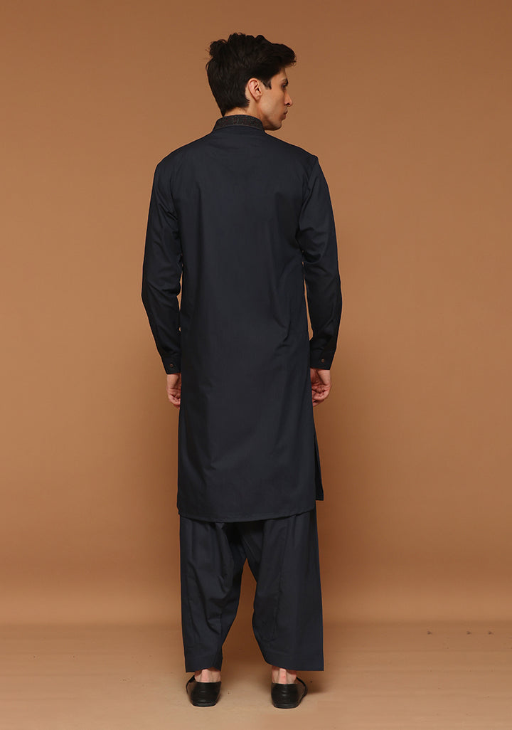 Poly Viscose Maluki Dark Sapphire Slim Fit Embroidered Suit