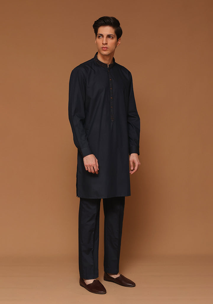 PV Maluki Dark Sapphire Slim Fit Emb Kurta Pajama