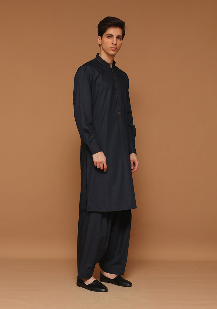Poly Viscose Maluki Dark Sapphire Slim Fit Embroidered Suit