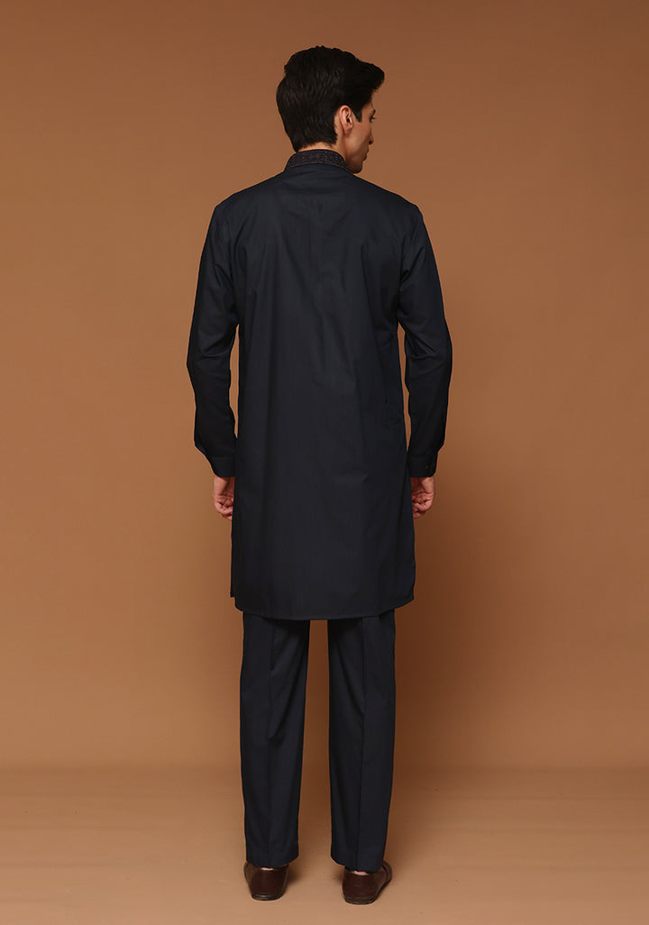 PV Maluki Dark Sapphire Slim Fit Emb Kurta Pajama