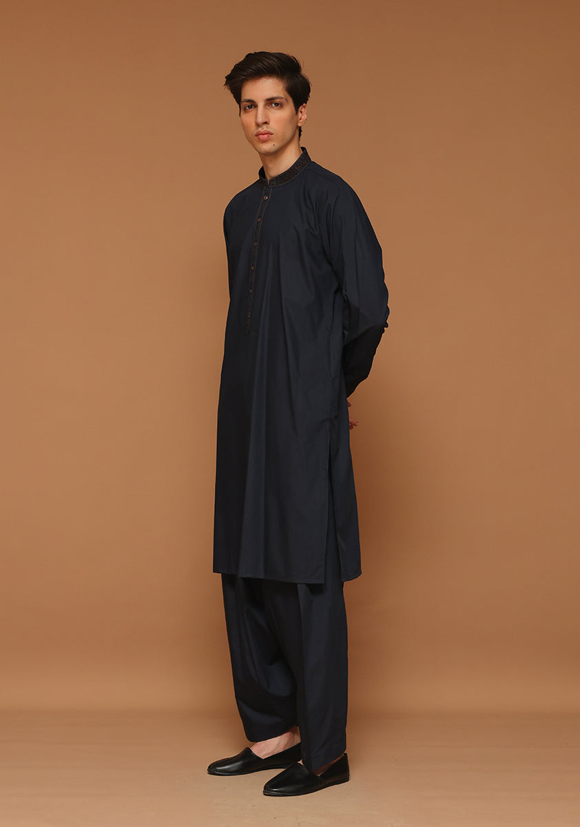 Poly Viscose Maluki Dark Sapphire Slim Fit Embroidered Suit