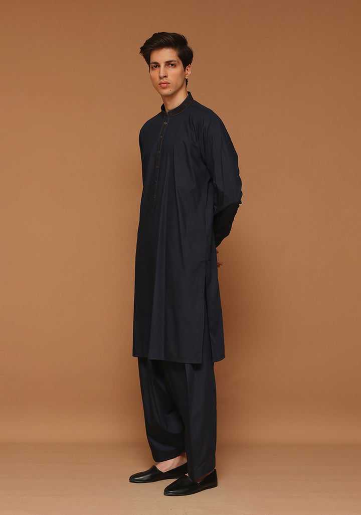 Poly Viscose Maluki Dark Sapphire Slim Fit Embroidered Suit