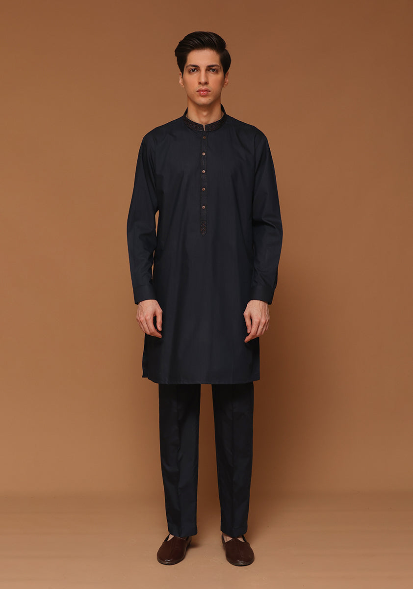 PV Maluki Dark Sapphire Slim Fit Emb Kurta Pajama